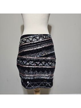 Express Sequin Striped Mini Skirt Black Silver XS